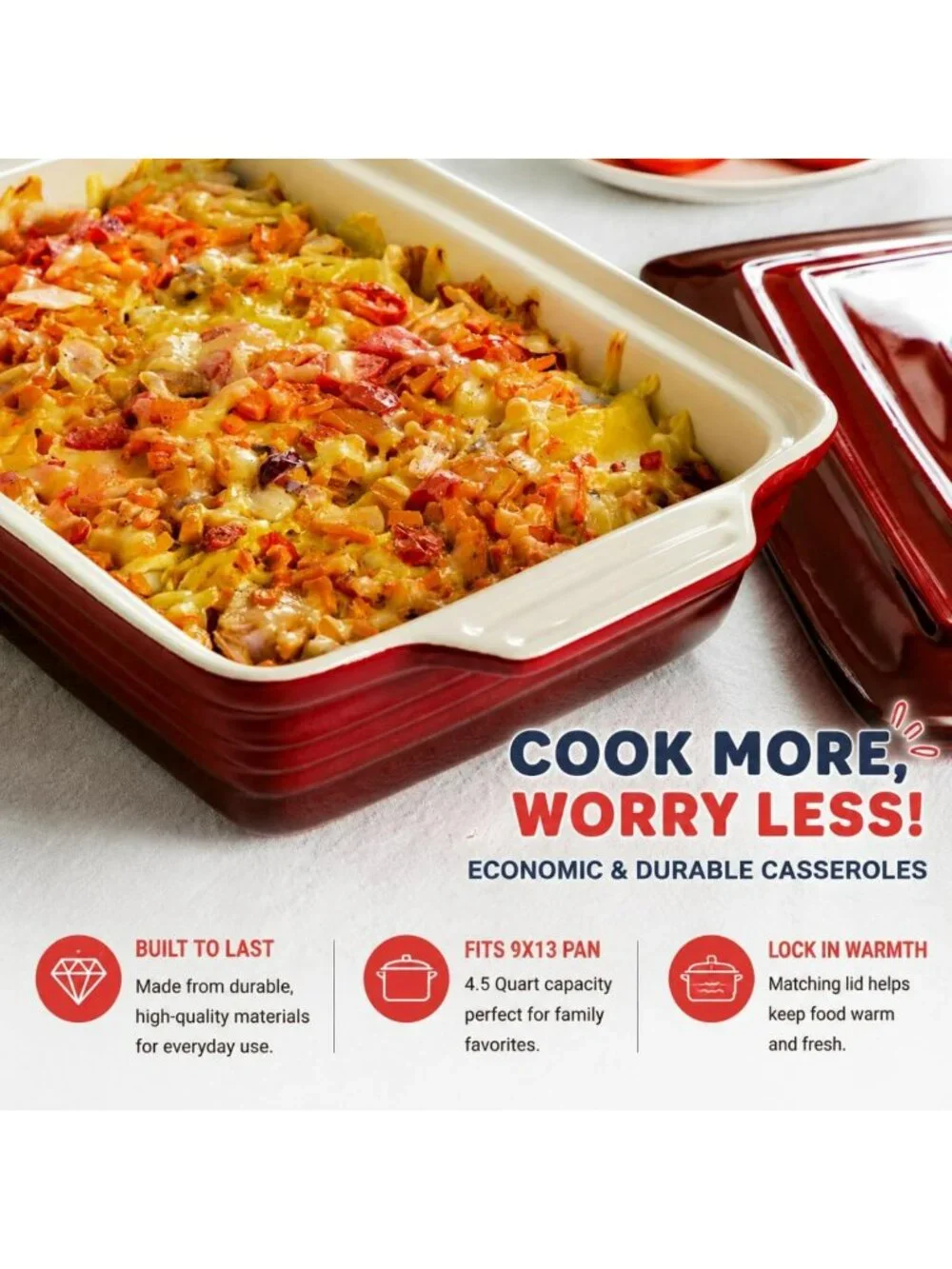 4.5 Quart Ceramic Casserole Dish with Lid - Oven & Microwave Safe Bakeware for